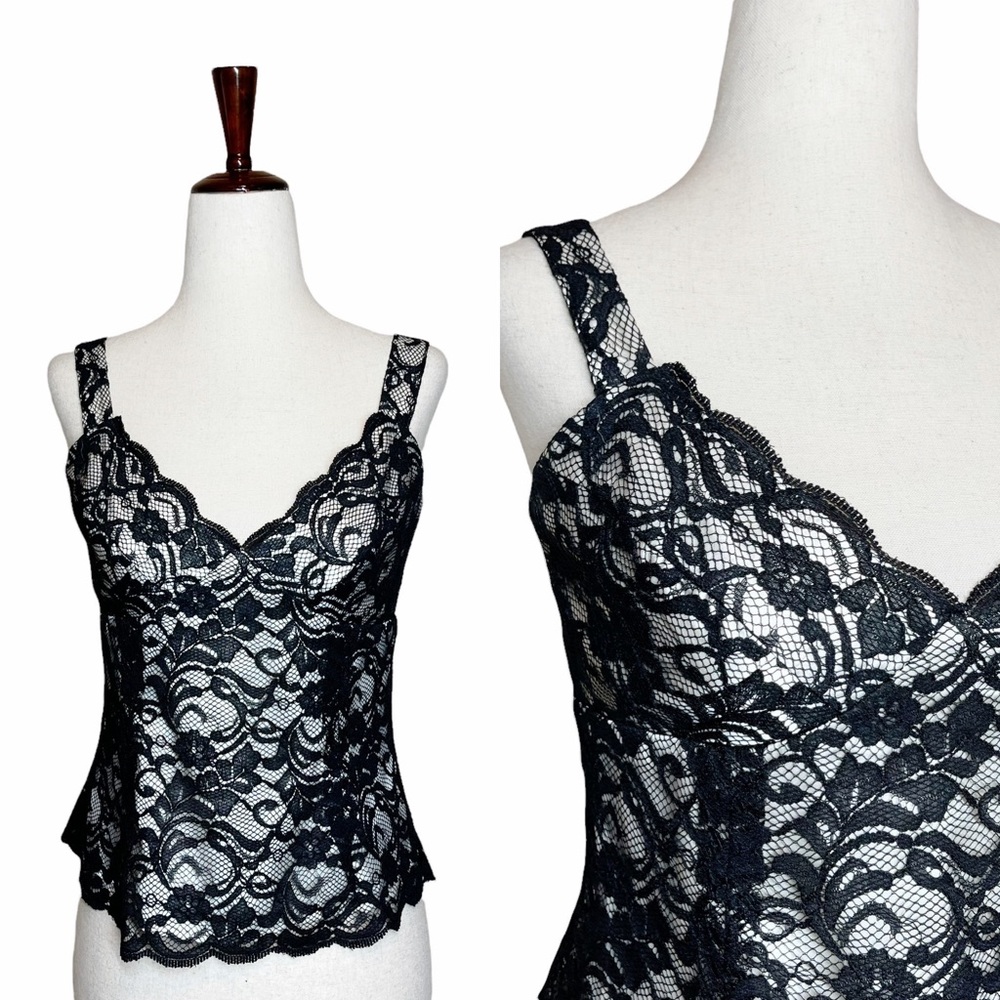 Vintage 90s Y2K Black Lace Overlay Ivory Satin Crop Top